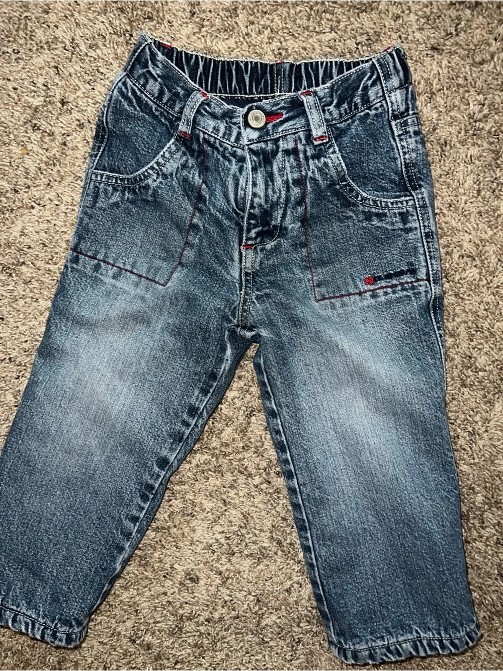 Y2K Old Navy Fleece Lined Denim Relaxed Fit Elastic Waist Red Stitch 18-24m